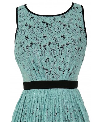 contrast pleated classy mint lace line dress